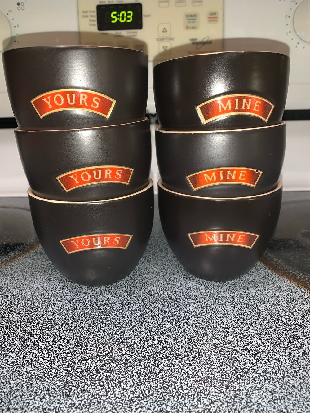 Le Creuset Brown & cream Bowls with red 'Mine' and 'Yours' Labels - Set of 6